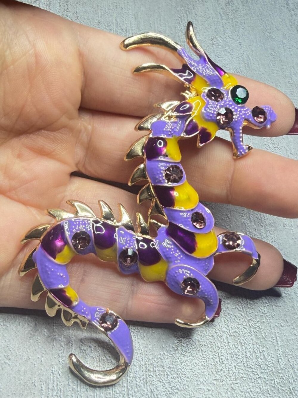 Colorful Dragon Brooch Colorful Rhinestones Purple Gold Tone Pin